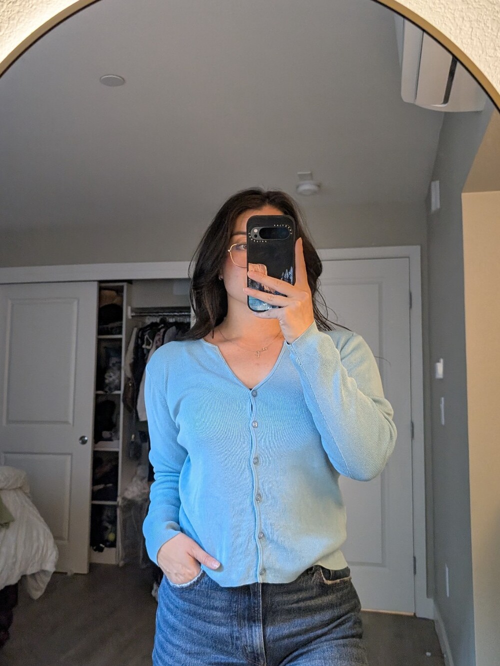 Ann Taylor Light Blue Silk Cotton Blend Button-Up V-Neck Sweater